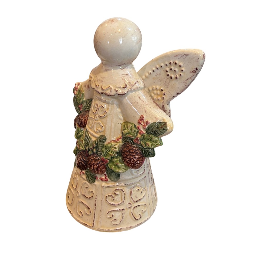 Ceramic Angel Figurine Cream Pine Cone Berry Wreath Holiday Decoration - Picture 2 of 6